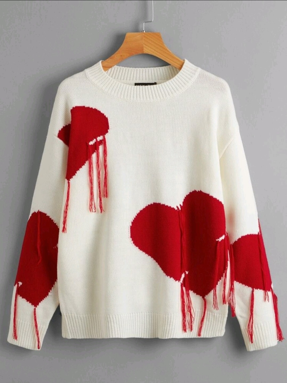 White Sweater with Red Heart Motif - Women's Casual Pullover